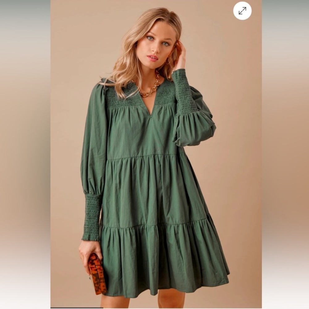 Pomander Place Tuckernuck Ceci Smocked Tiered Long Seeve Dress Jaguar Green